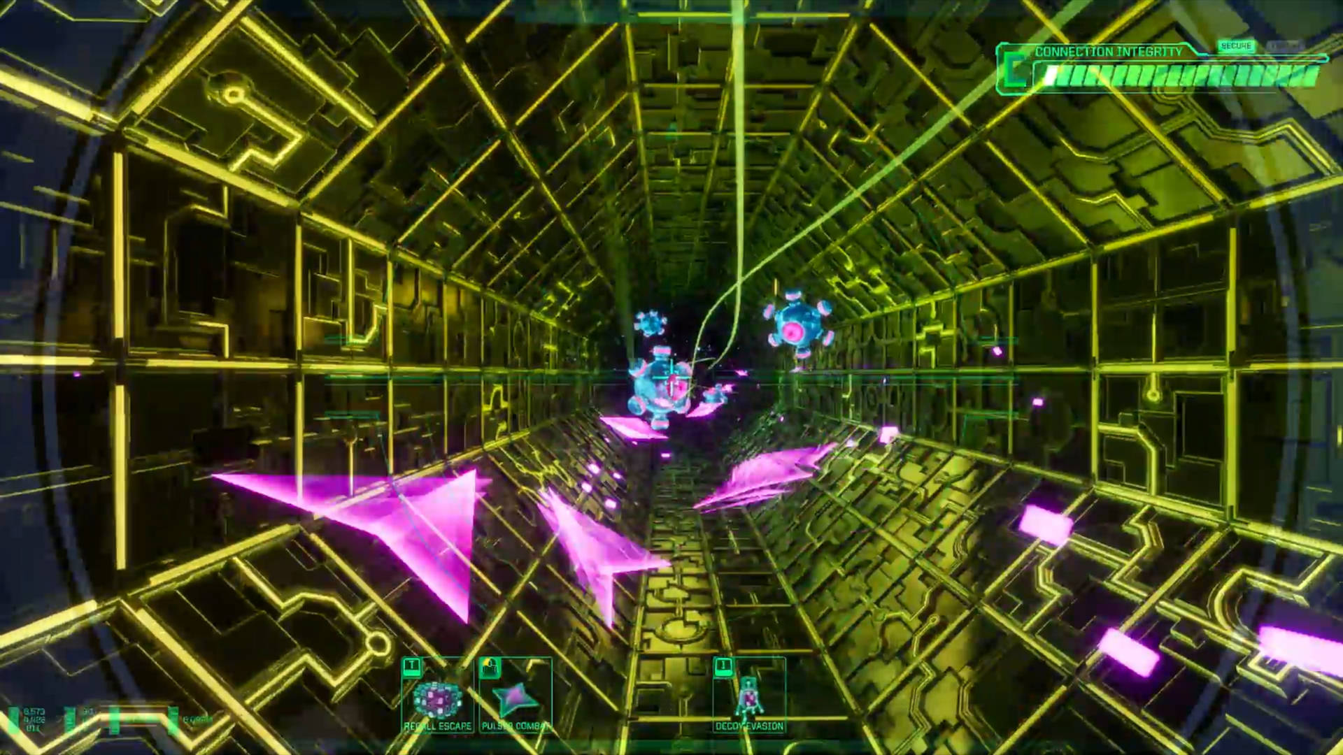 System Shock review - a view of Cyberspace. The Hacker is shooting at digital mines.
