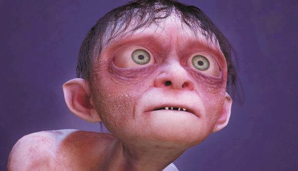 The Lord of the Rings Gollum - wide-eyed Smeagol, a dishevelled Hobbit with wide eyes and no clothes, looks up with a distressed sadness.
