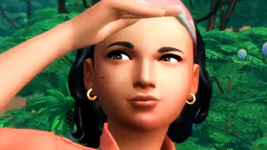 The Sims 4 free DLC - a woman puts her hand to her forehead as she looks out across a jungle