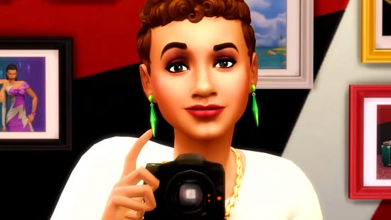 The Sims 4 photo exploit fix - a Sim wearing Plumbob earrings raises an eyebrow as they hold up a camera.