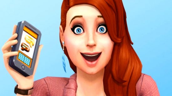 The Sims 4 wants your vote - a Sims opens her eyes wide with wonder, holding up a mobile phone.