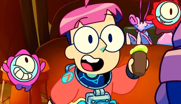 Tinykin Steam sale - Milodane, a pink-haired person, celebrates with their microscopic pals, holding a cup of foaming green liquid.