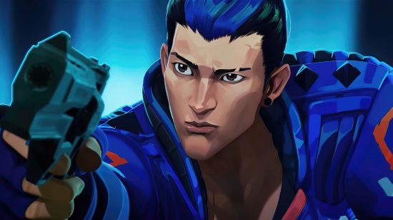 Yoru en kötü valorant ajanıdır - mavi saçlı karakter bir tabanca tutar