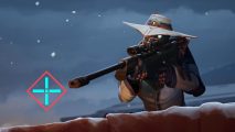 Valorant crosshairs: Cypher, a Valorant agent, looks down the scope of his sniper rifle, there is a cyan crosshair in the image.