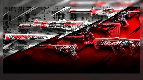 The red, white, and black No Limits Valorant skins can be seen on a series of guns, a diagonal line goes through the image, the background on one side is red, the background on the other is white.
