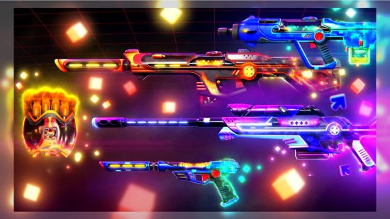 The awesome, retro Radiant Entertainment System Collection Valorant skins as they appear on five different weapons, with bright colored lights all around. 