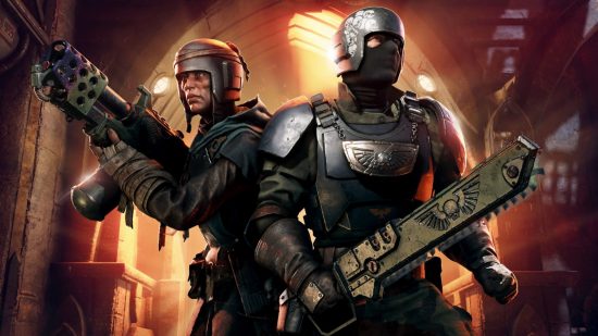 Warhammer 40k Darktide gets “most significant” content drop ever: Two heavily armored troopers from Fatshark's Warhammer 40k Darktide