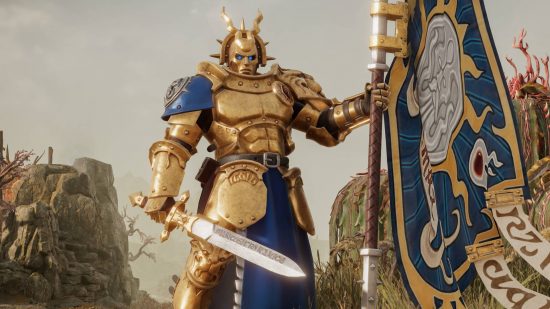 Warhammer Age of Sigmar has been reimagined as a PC RTS: A golden knight stands with his sword and a huge gold and blue flag in a mountain region