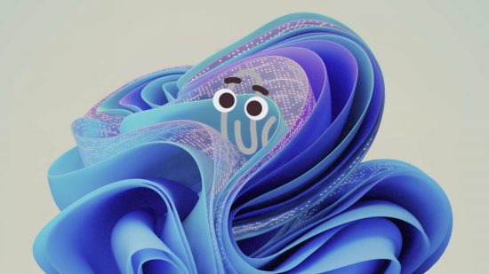 The Windows 11 bloom logo, featuring purple streaks, and an image of its long-retired Office Assistant, Clippy