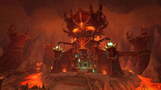 Aberrus, the secret laboratory hidden below the Dragon Isles, a menacing structure surrounded by a lava river, which contains the new raid coinciding with the WoW Dragonflight 10.1 Embers of Neltharion release date.