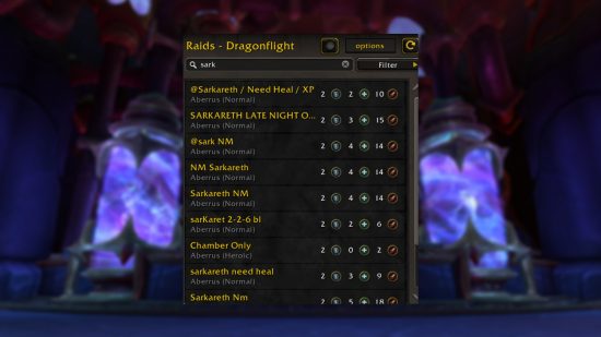 A screenshot of the WoW Dragonflight looking for group raid tool showing Aberrus 