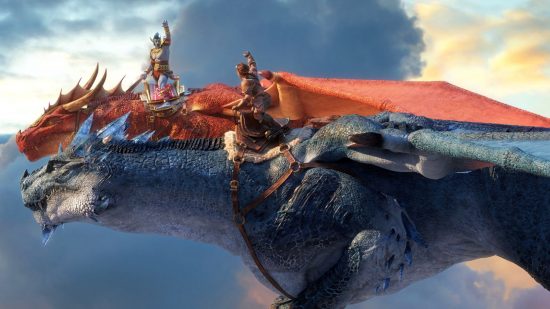 WoW retrieving realm list: Two dragons glide alongside one another, one red and one blue, as their human and troll riders sit astride them, fists raised to the air in greeting.