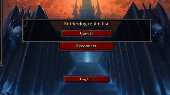 The main login page for World of Warcraft displaying the WoW retrieving realm list error.
