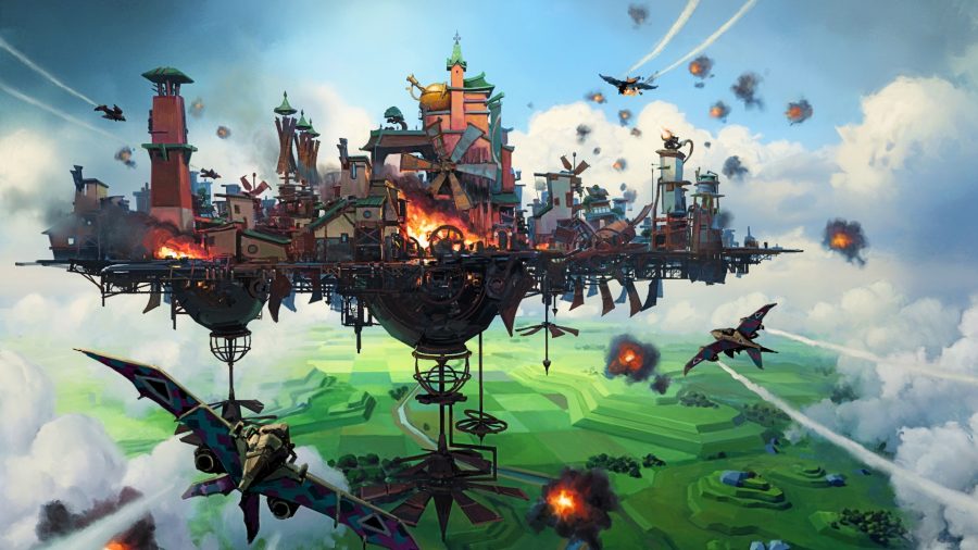 A Steampunk city built in the sky upon a large floating island