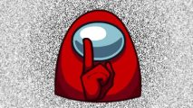 Red astronaut character from Among Us making a "shh" motion with his hand at the screen