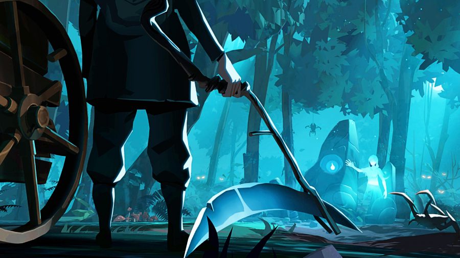 A man holding a scythe in the blue light of the moon