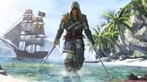 Edward from Assassin's Cred black Flag carrying two swords in the shallow beach water, one at each side