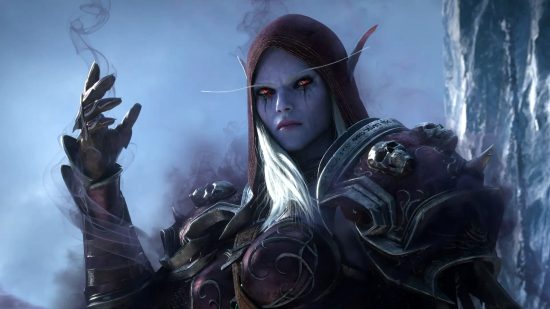 Sylvanas Windrunner from World of Warcraft holding up her right arm as smoke rolls off her body