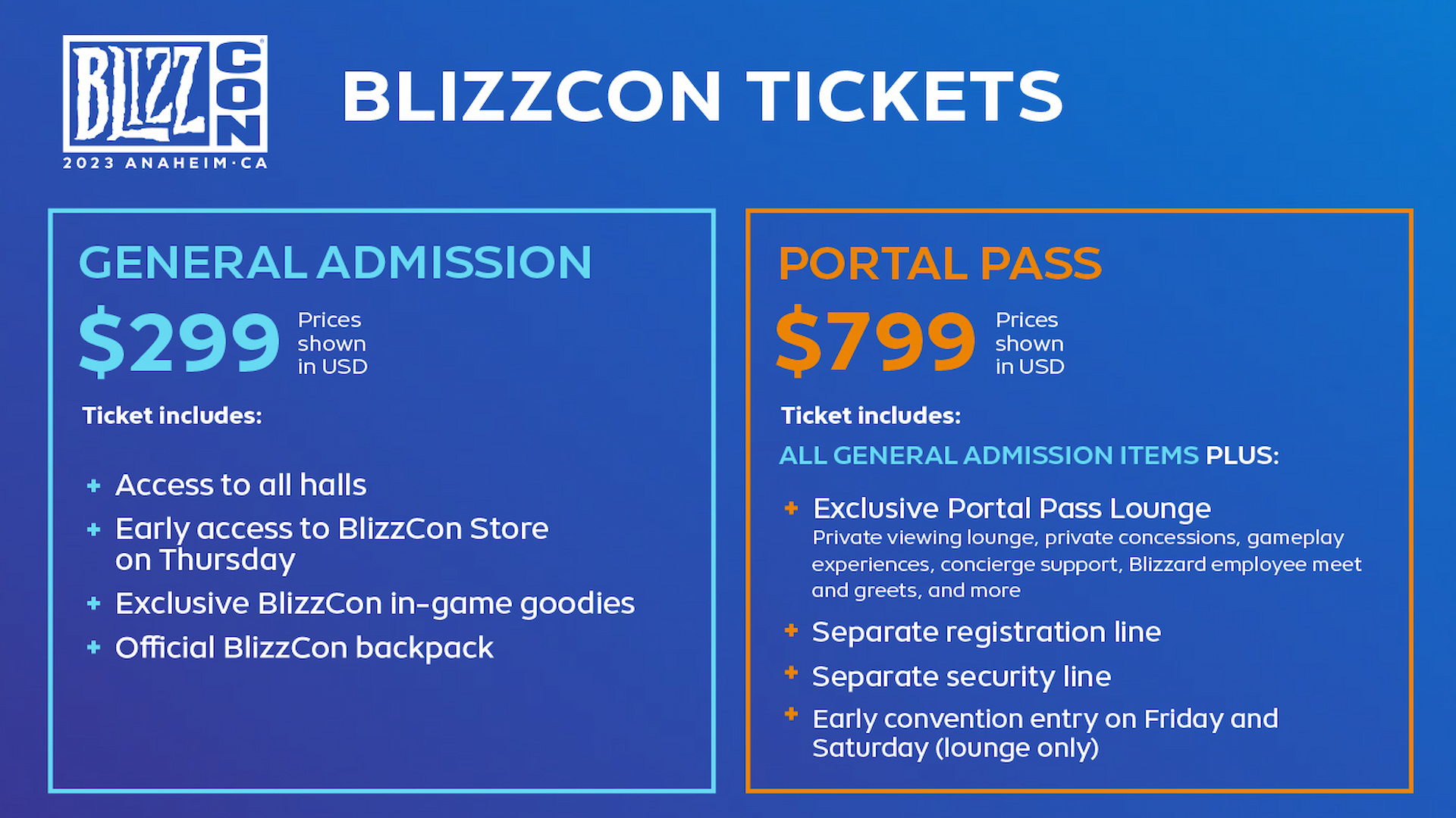 An image of both ticket types, their respective details, and prices