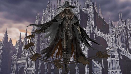 Bloodborne character standing before fan's recreation of the game in Minecraft