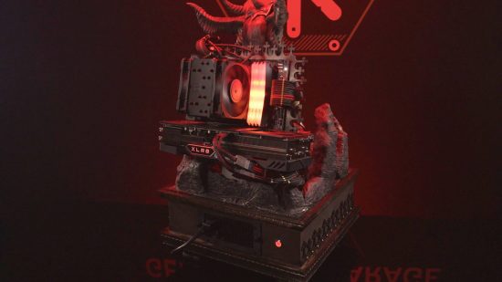 The components of the custom Lilith Diablo 4 PC are on show, bathed in red light.