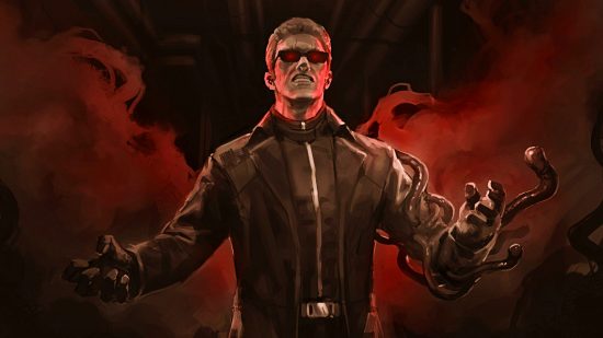 The Mastermind from Dead by Daylight and Resident Evil, wearing his signature black sunglasses and leather coat while standing with his arms out against a fiery backdrop