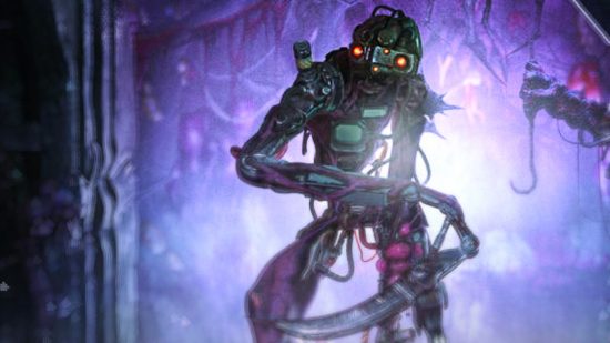 The new robotic AI boss from Dead by Daylight standing in front of a purple lit background