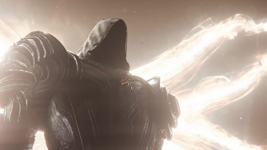 Cinematic image featuring a hooded figure with glowing tendrils standing ominously