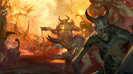 Artwork from Diablo 4 featuring grey horned demons before an orange, fiery backdrop