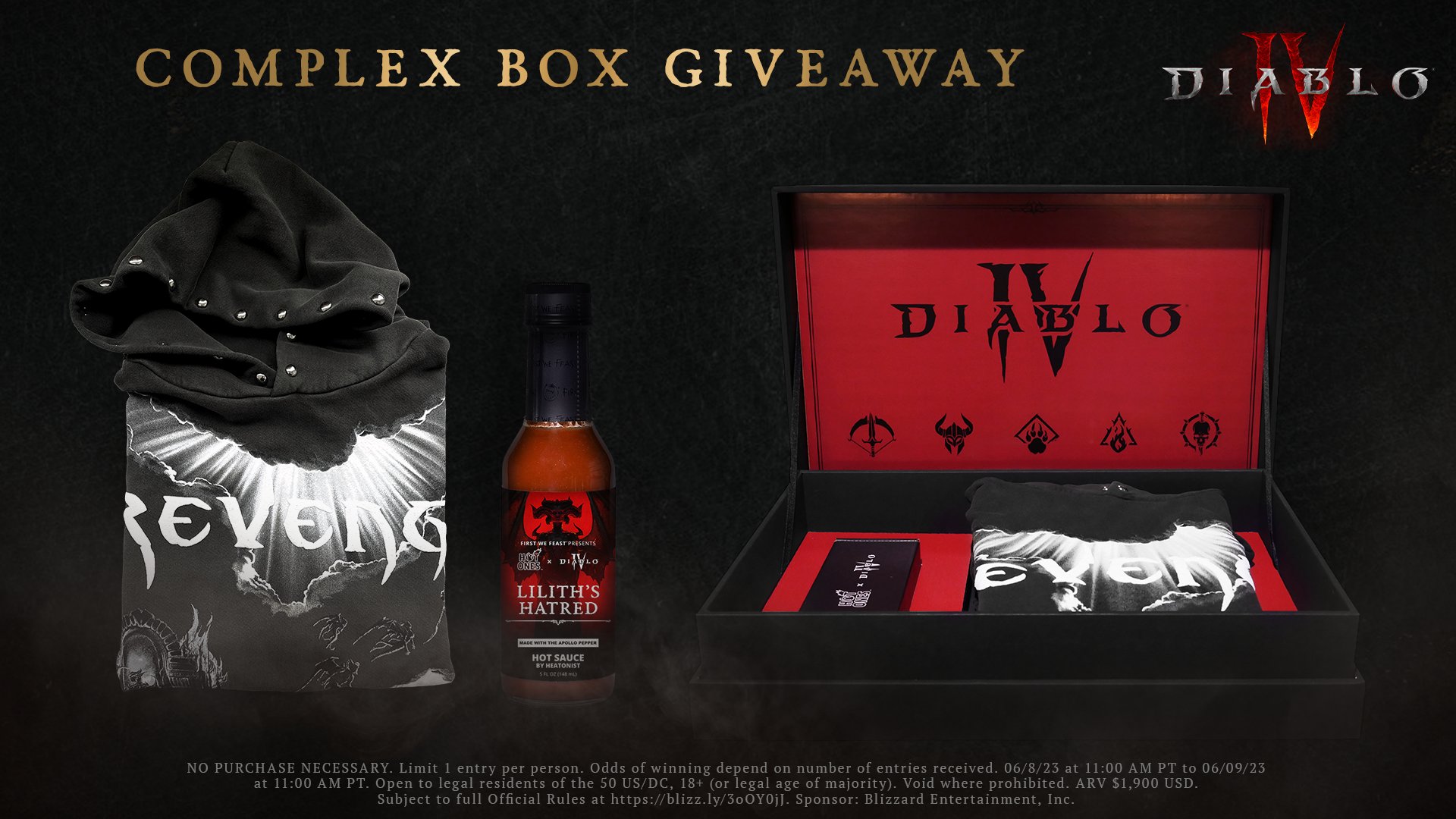 An image showing the Diablo 4 giveaway box with the hot sauce and hoodie