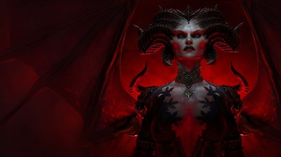 Diablo 4 Lilith ยืนอยู่กับพื้นหลังสีเข้มหนา