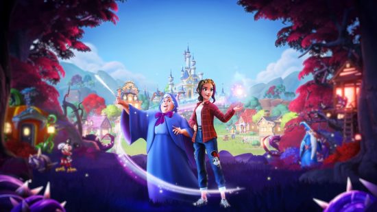 The Fairy Godmother from Cinderella and a Disney Dreamlight Valley character standing before a castle