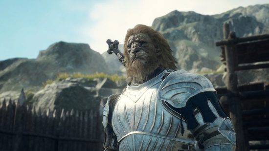 A new beast-like lion character from Dragon's Dogma 2 standing in silver armor