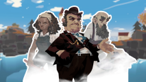 Three characters from Dredge, with two fading into the background while the one in front resembles a male mayor wearing a maroon waistcoat and hat