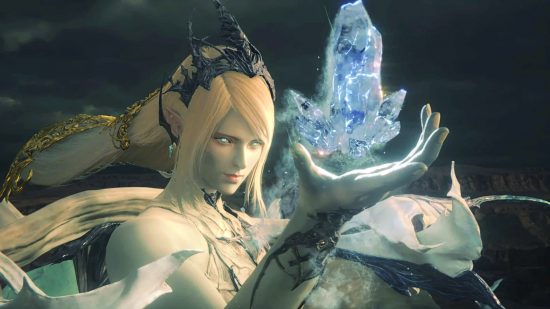 Shiva from Final Fantasy, a blonde woman, holding a blue a crystal