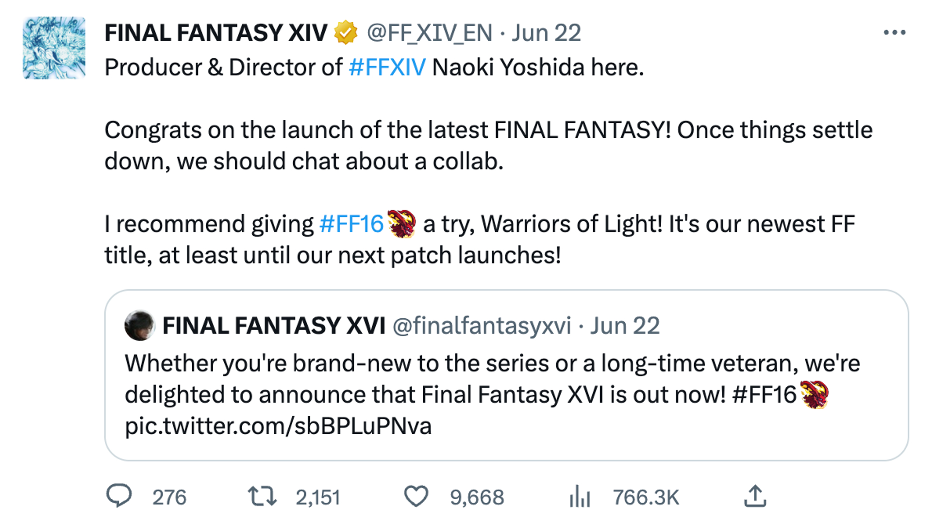 A Tweet from the official FFXIV Twitter congratulating FF16 for its launch