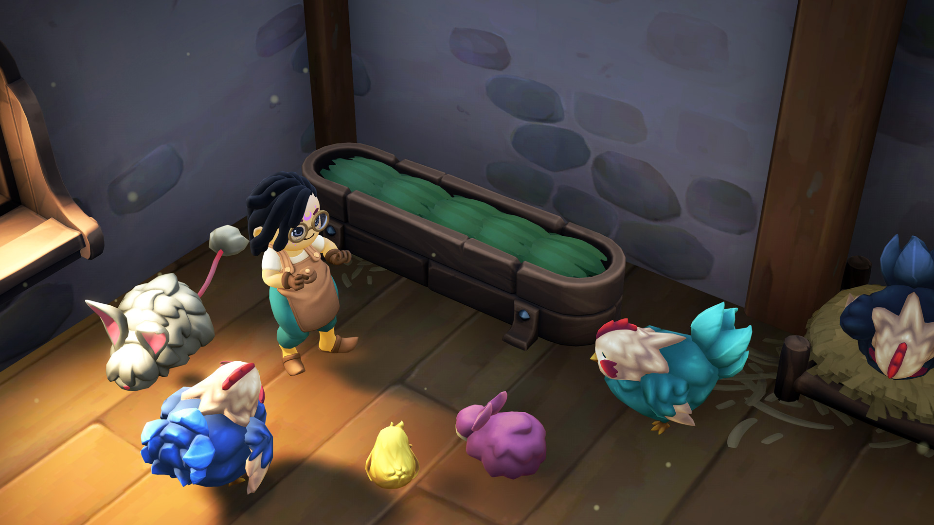 A screenshot from Fae Farm depicting the inside of a barn area with fantastical animals surrounding a player character