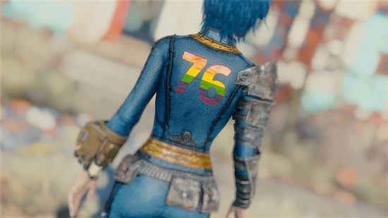 A female Vault Dweller from Fallout 76 wearing the iconic blue jumpsuit with a rainbow 76 logo on her back