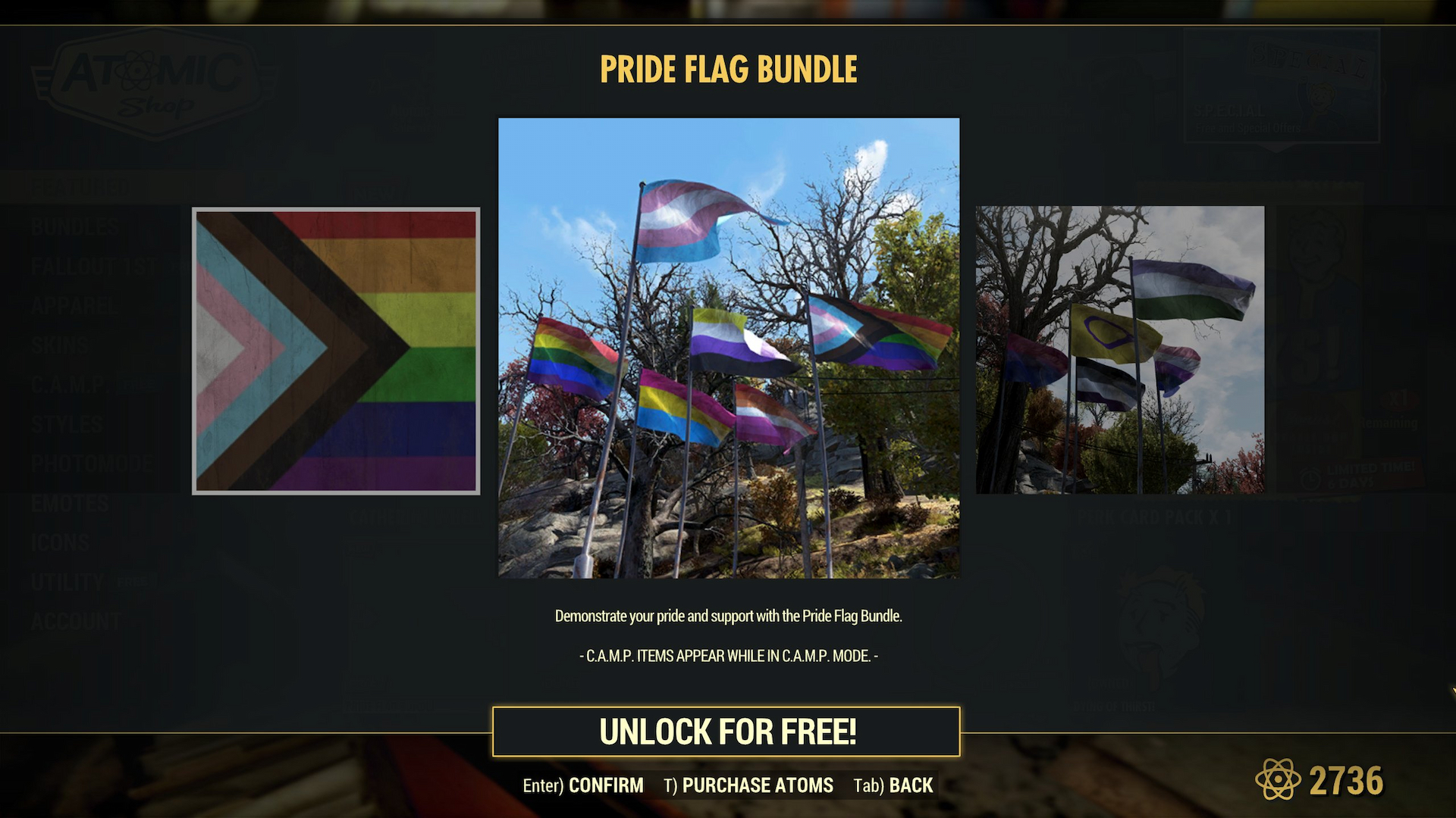 A screenshot of the Fallout 76 shop showcasing a free bundle of Pride flags