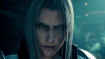 Sephiroth, a white-haired male character from Final Fantasy, looking toward the screen