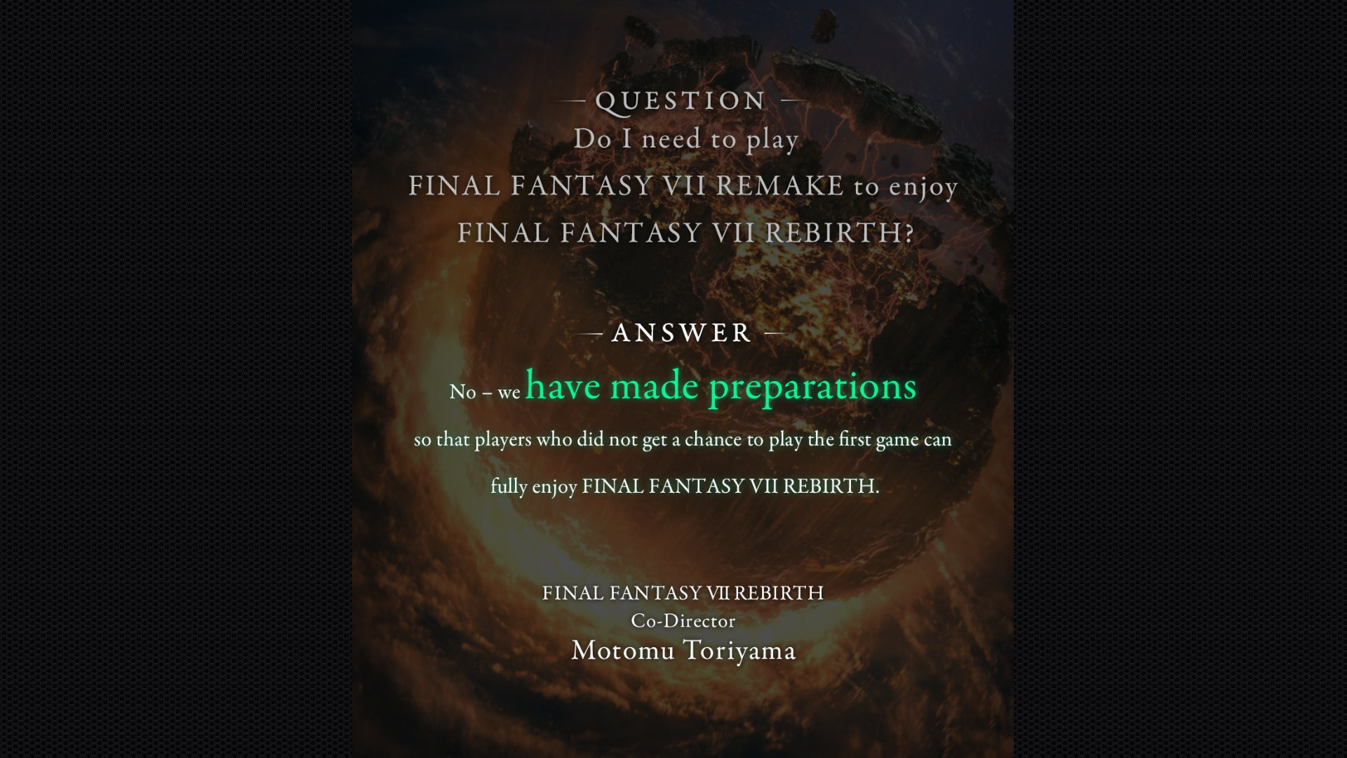 A screenshot of a Tweet taken from Final Fantasy 7's account showcasing the co-director's response to the fan question