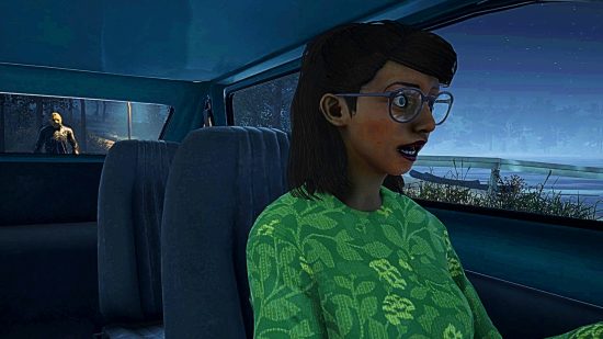 A character wearing a green shirt and sitting in a car while a serial killer looks on behind the vehicle