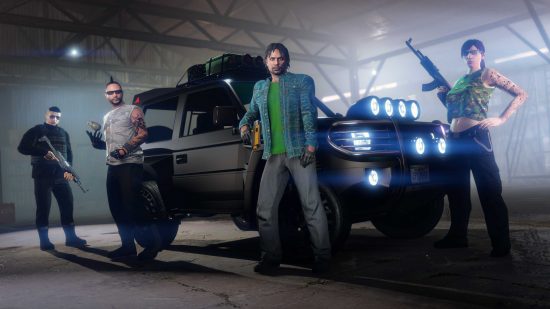 Characters in GTA 5 Online standing in front of a car with weapons in hand