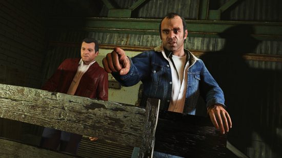 Trevor from Grand Theft Auto 5 pointing out in front of him