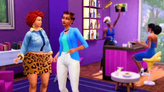 Two female Sims dancing in a purple room while a bartender mixes drinks behind them