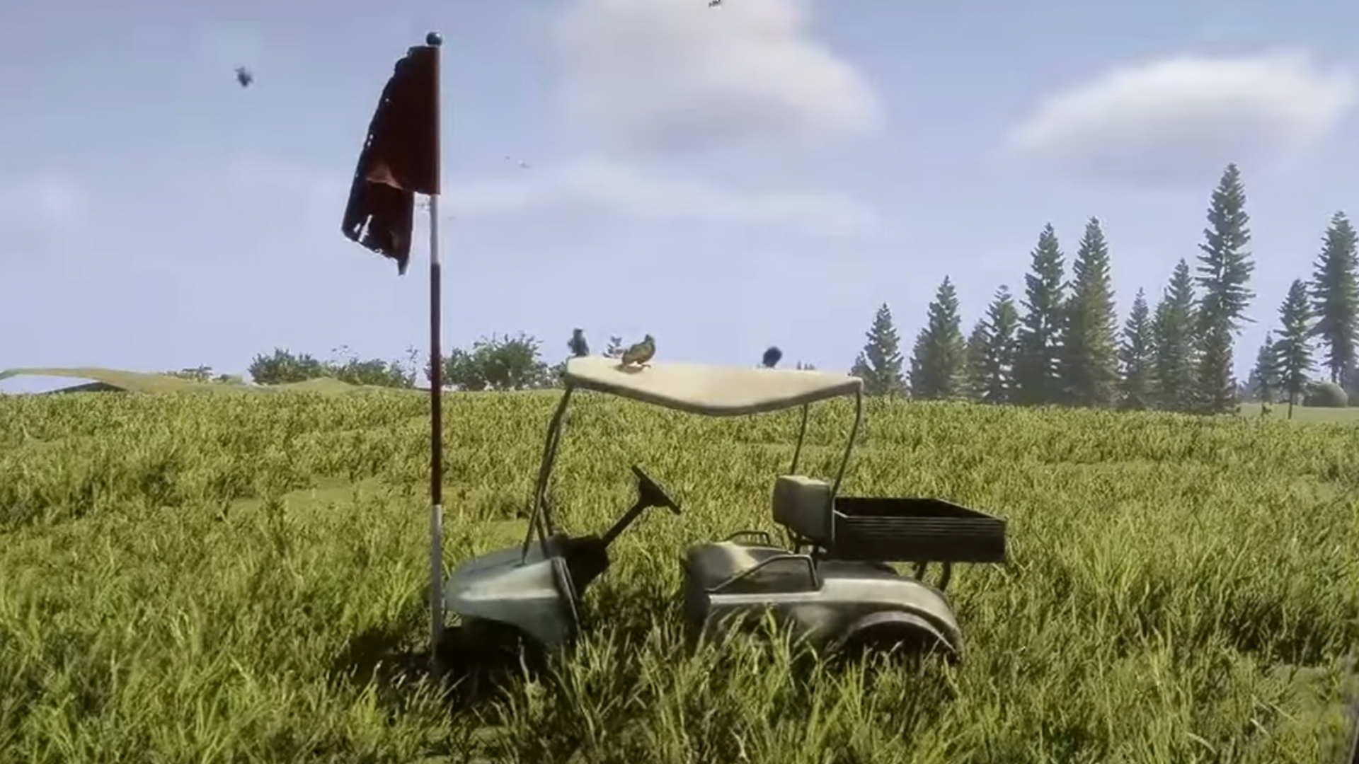 Un carrito de golf blanco descansa sobre un campo de hierba en Sons of the Forest