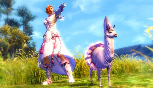 A colorful image of a Guild Wars 2 character and a llama wearing a party hat beside her