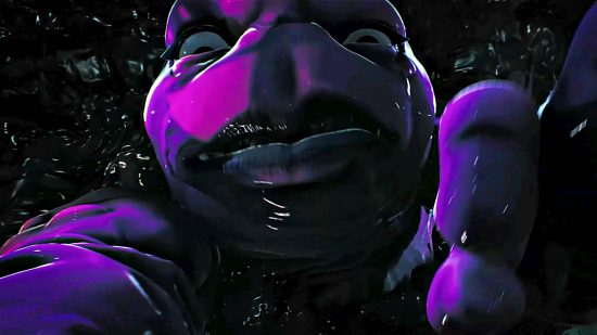 A giant purple alien from High on Life grimacing at the screen and pointing toward the player