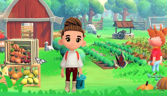 A chibi-style female character standing on a farm with a watering can in her left hand