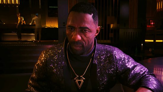 Idris Elba's Solomon Reed wearing a sparkly purple coat, a character from Cyberpunk 2077's Phantom Liberty
